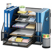 Marbrasse Desk Organizers with File Holder, 5-Tier Paper Letter Tray Organizer with Handle, Extra Vertical File Sorter with Drawer and 2 Pen Holder