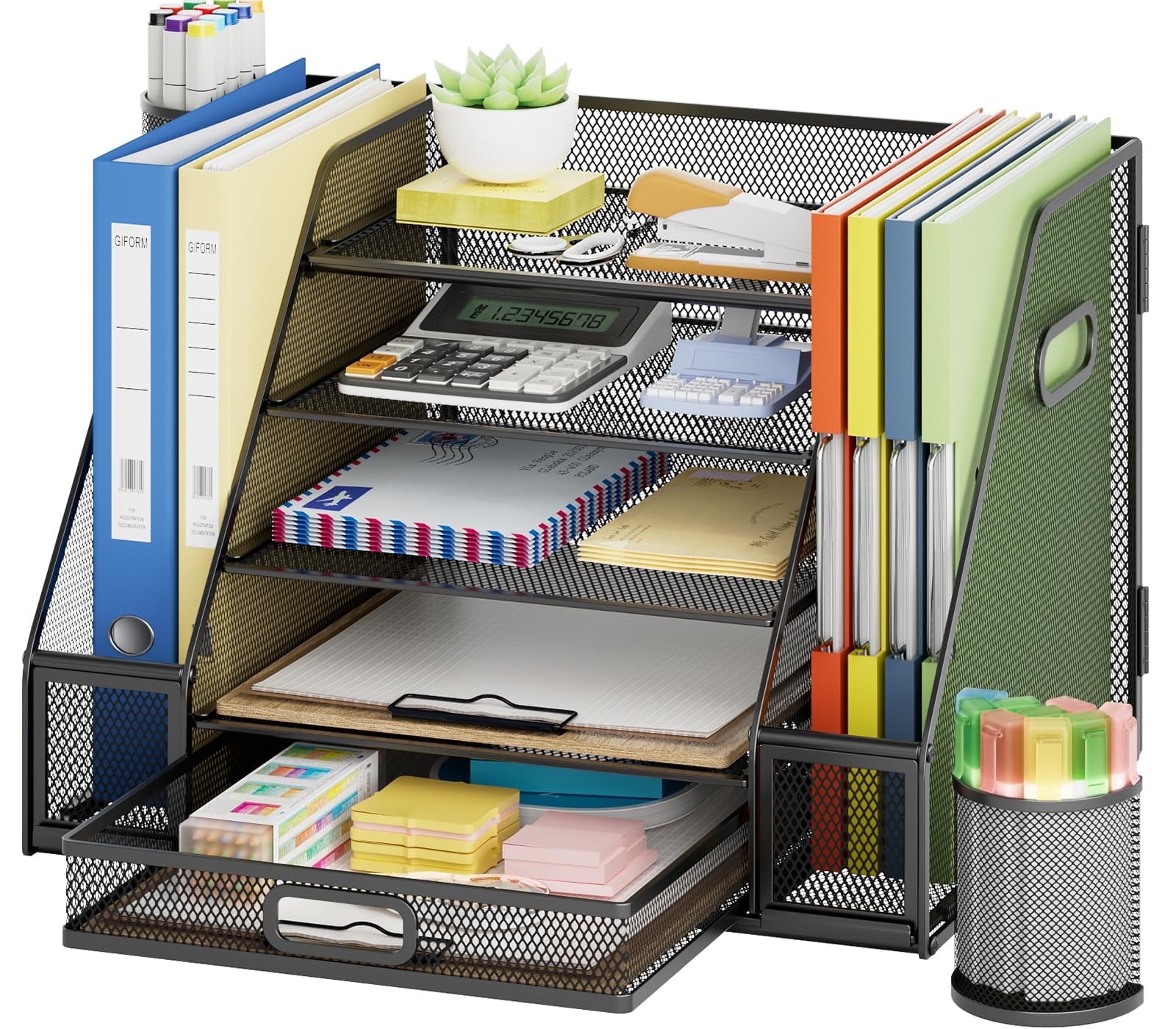 Marbrasse Desk Organizers with File Holder, 5-Tier Paper Letter Tray Organizer with Handle, Extra Vertical File Sorter with Drawer and 2 Pen Holder