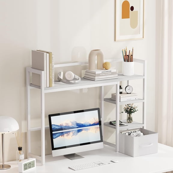 Marbrasse 40 Inch Desk Shelf with Drawer, 4-Tier Desktop Hutch Monitor Stand with Storage Organizer for Home Office Dorm, White Wooden Computer Desk Top Bookshelf Rack