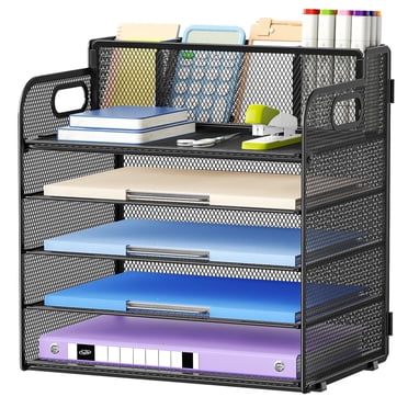 Marbrasse 5-Tier Paper Letter Tray Organizer with Pen Holder, Mesh Desk Organizer with Handle