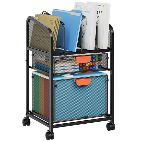 Marbrasse Rolling File Cart with 2 Drawers – Metal Moving Storage Cabinet, 3-Tier Mesh Office Organizer with Lockable Casters, Black Mobile File Organizer for Home, Office