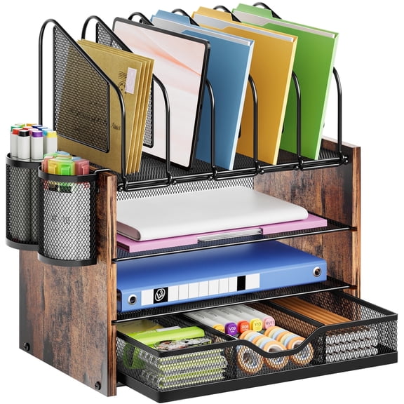 Marbrasse 4-Tier Mesh Desk Organizer, Wooden Desk File Organizer with 5 Vertical File Holders and 2 Pen Holders