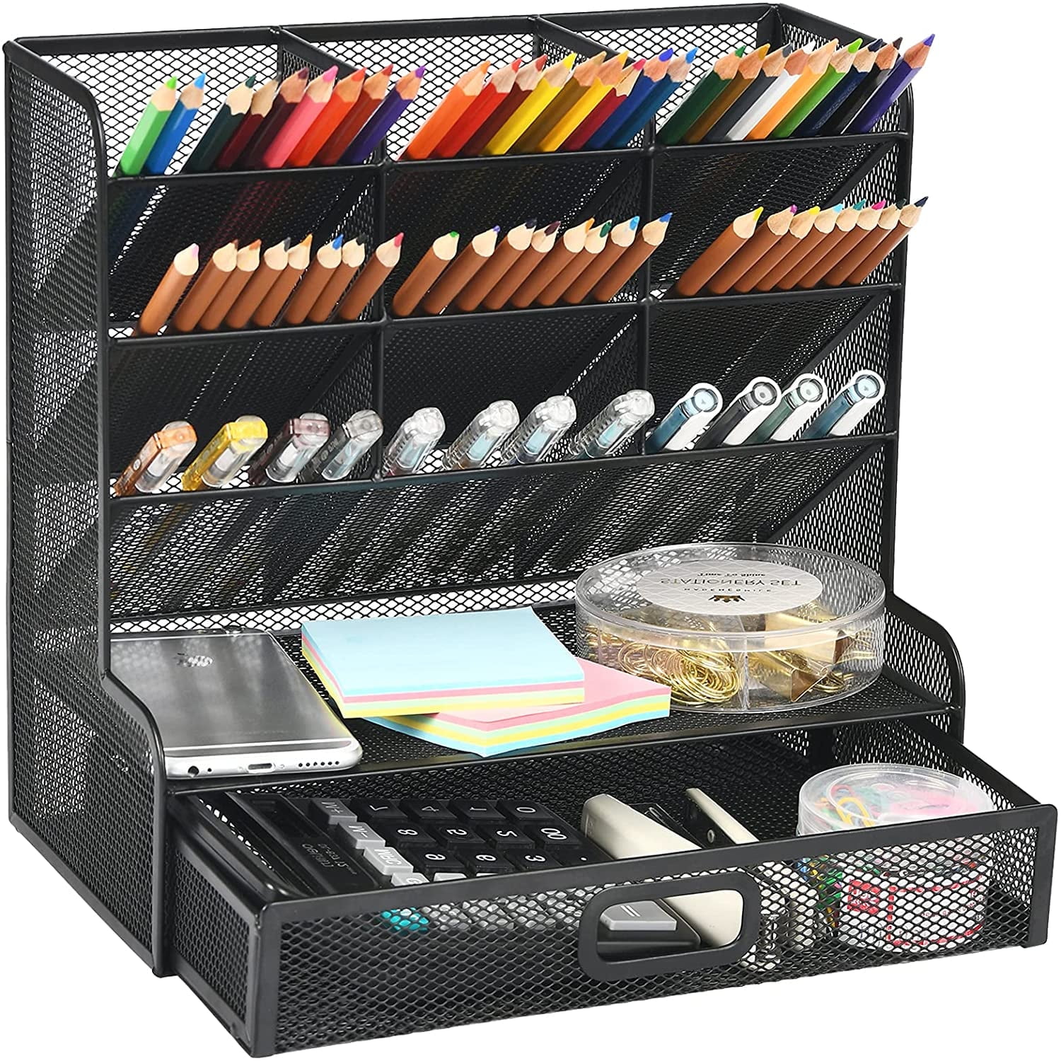 Black Mesh Multifunctional Desk Organizer with Drawer
