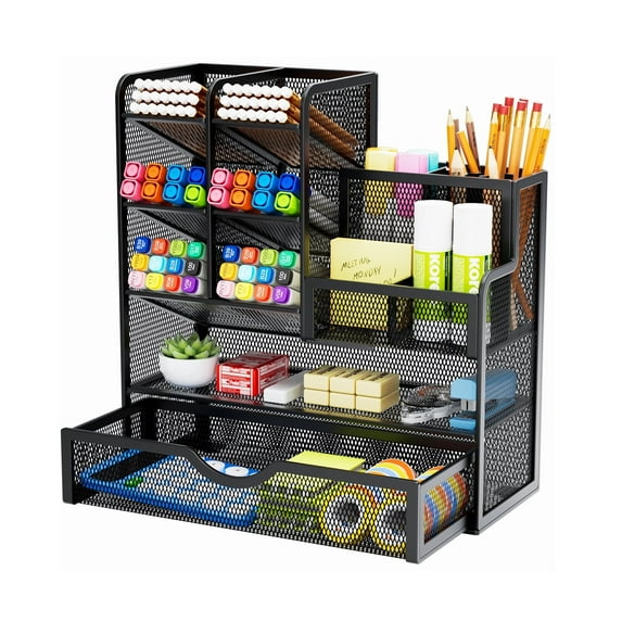Marbrasse Mesh Pen Holder for Desk, Desk Organizer with Drawer, Multi-Functional Pencil Organizer, Accessories for Office Art Supplies (Black)