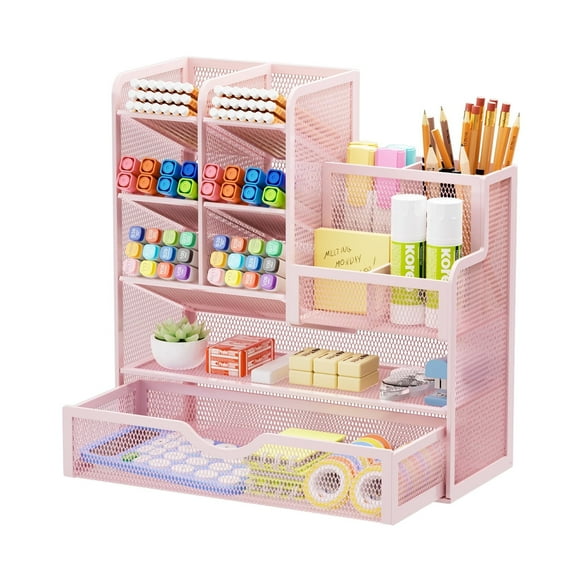 Marbrasse Mesh Pen Holder for Desk, Desk Organizer with Drawer, Multi-Functional Pencil Organizer, Accessories for Office Art Supplies (Pink)