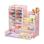 Marbrasse Mesh Pen Holder for Desk, Desk Organizer with Drawer, Multi-Functional Pencil Organizer, Accessories for Office Art Supplies Pink