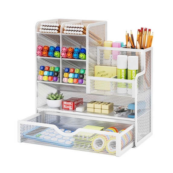 Marbrasse Mesh Pen Holder for Desk, Desk Organizer with Drawer, Multi-Functional Pencil Organizer, Accessories for Office Art Supplies (White)