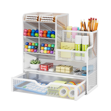 Marbrasse Mesh Pen Holder for Desk, Desk Organizer with Drawer, Multi-Functional Pencil Organizer, Desk Organizers and Accessories for Office Art Supplies (White)