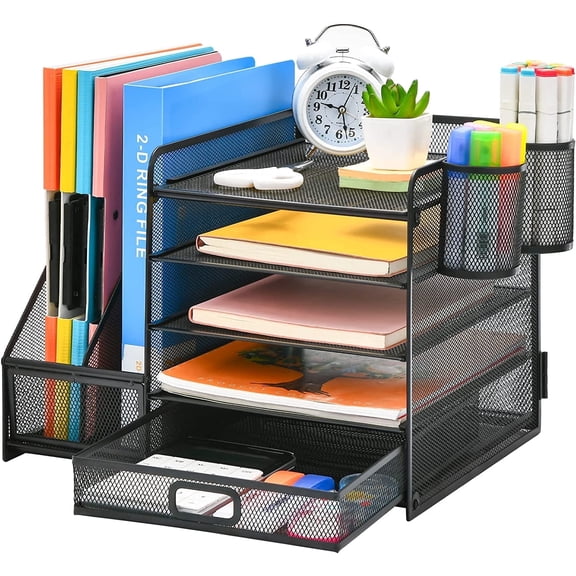 Marbrasse Metal Mesh 5-Tier Desk Organizer with File Holder, Drawer, Pen Holders - Vertical Tray for Office Supplies