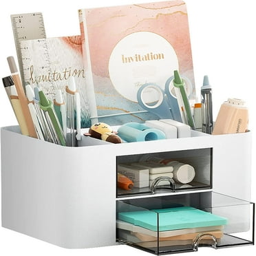 Marbrasse Pen Organizer with 2 Drawer, Multi-Functional Pencil Holder for Desk, Desk Organizers and Accessories with 5 Compartments + Drawer for Office Art Supplies (White)