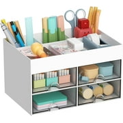 Marbrasse Pen Organizer with 4 Drawer, Multi-Functional Pencil Holder for Desk, Desk Organizers and Accessories with 4 Compartments + Drawer for Office Art Supplies White