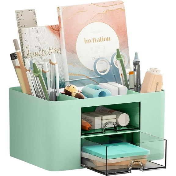 Marbrasse Pen Organizer with 2 Drawer, Multi-Functional Plastic Pencil Holder for Desk, Desk Organizers and Accessories with 5 Compartments (Green)