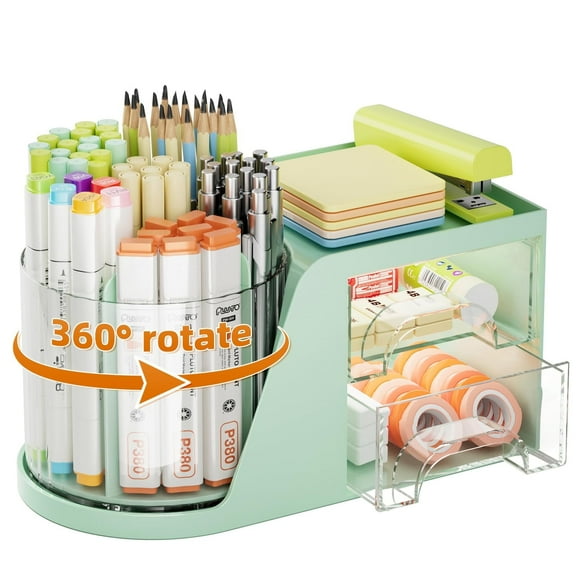 Marbrasse Desk Organizer with 2 Drawer, 360°Rotating Pen Holder for Desk, Desk Organizers and Accessories with 6 Slots Pencil Organizer + 2 Drawer, 1 Pack (Green)