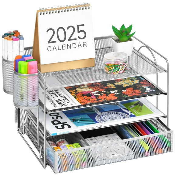 Marbrasse 4-Trays Desktop File Organizer with Pen Holder | Paper Letter Tray with Drawer and 2 Pen Holder | Mesh Office Supplies Desk Organizer for Home Office (Silver)