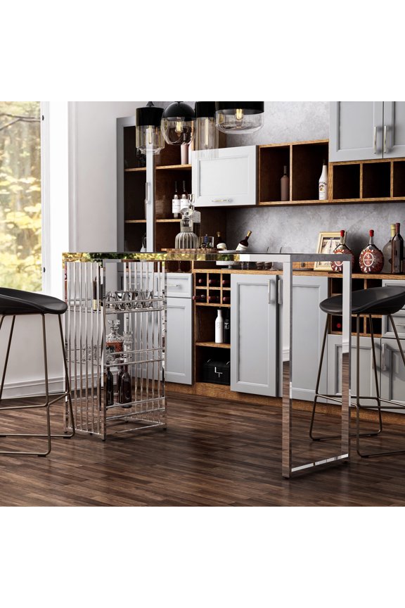 Marburry 3-Shelf Glass Top Bar Table, Chrome Plating