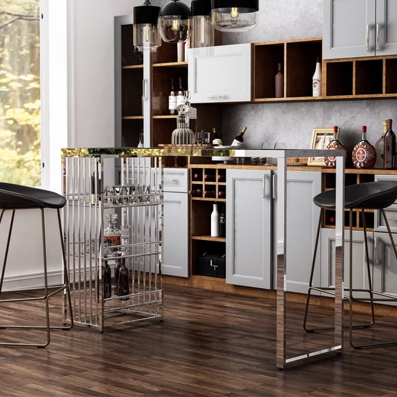 Marburry 3-Shelf Glass Top Bar Table, Chrome Plating