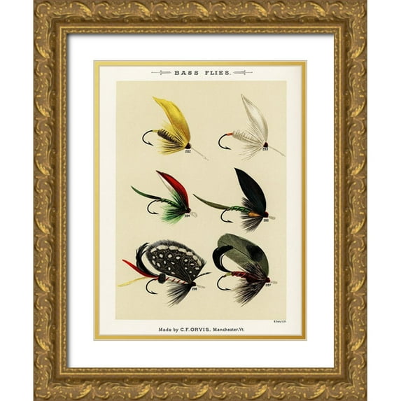Marbury, Mary Orvis 12x14 Gold Ornate Wood Framed with Double Matting Museum Art Print Titled - Bass Fishing Flies VI from Favorite Flies and Their Histories