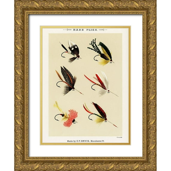 Marbury, Mary Orvis 12x14 Gold Ornate Wood Framed with Double Matting Museum Art Print Titled - Bass Fishing Flies VIII from Favorite Flies and Their Histories