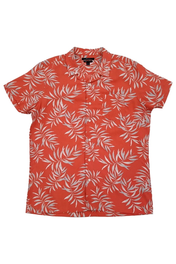 Mens Coral Palm Leaf Slim Fit Short Sleeve Button-Down Shirt L
