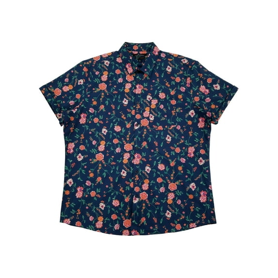 Marc Anthony Mens Navy Blue Floral Slim Fit Short Sleeve Button-Down Shirt XXL