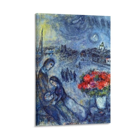 Marc Chagall Newlyweds with Paris in The Background Painting Poster Wall Art Poster Scroll Canvas Painting Picture Living Room Decor Home 08x12inch(20x30cm)