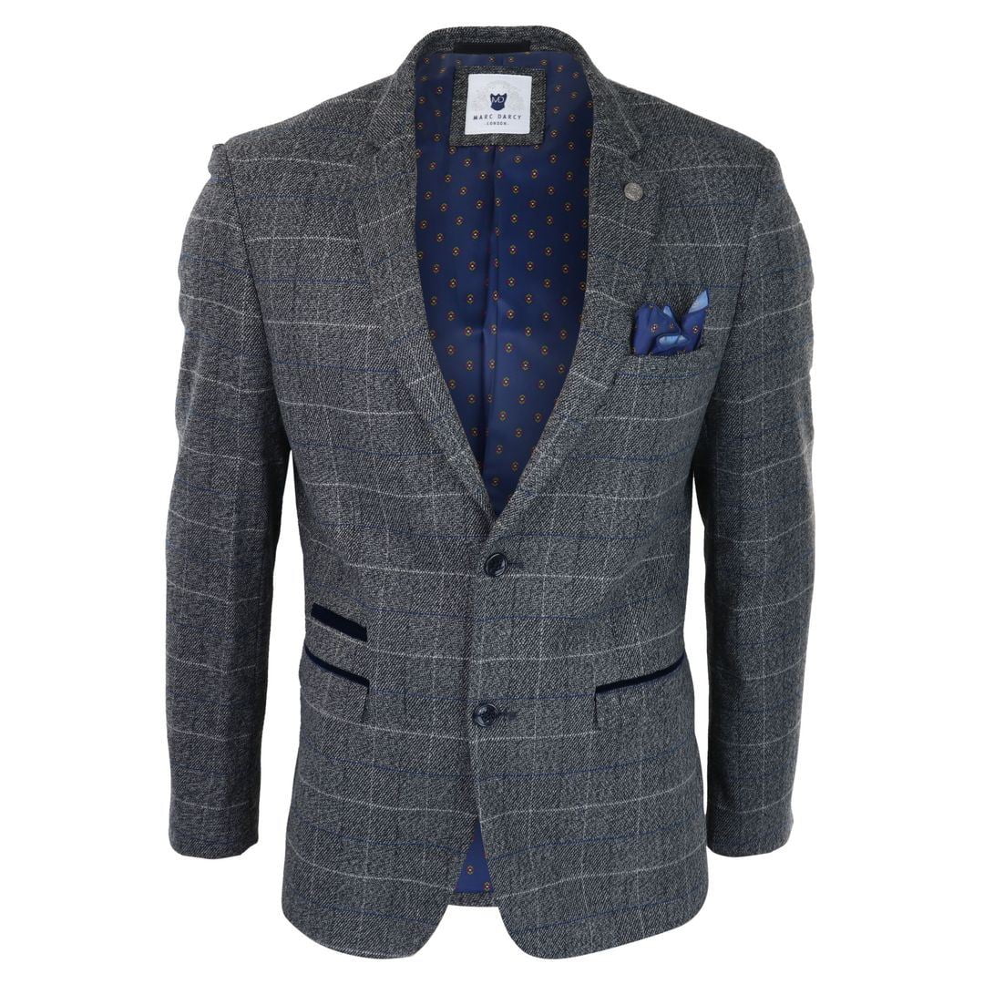 Marc Darcy Scott Men's Blue Grey Herringbone Tweed Blazer