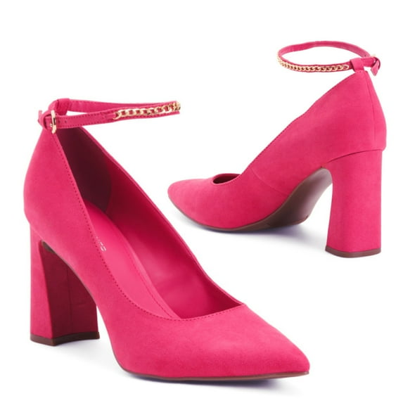 Marc Fisher Ankle Chain Buckle Block Faux Suede High Heels (Pink, 6)