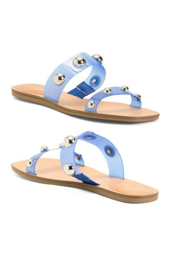 Frosted Lucite Stud Embellished Slide-on Sandals (Blue, 7.5)