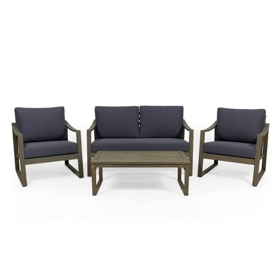Marc Outdoor 4 Seater Acacia Wood Chat Set with Water Resistant Cushions, Gray, Dark Gray