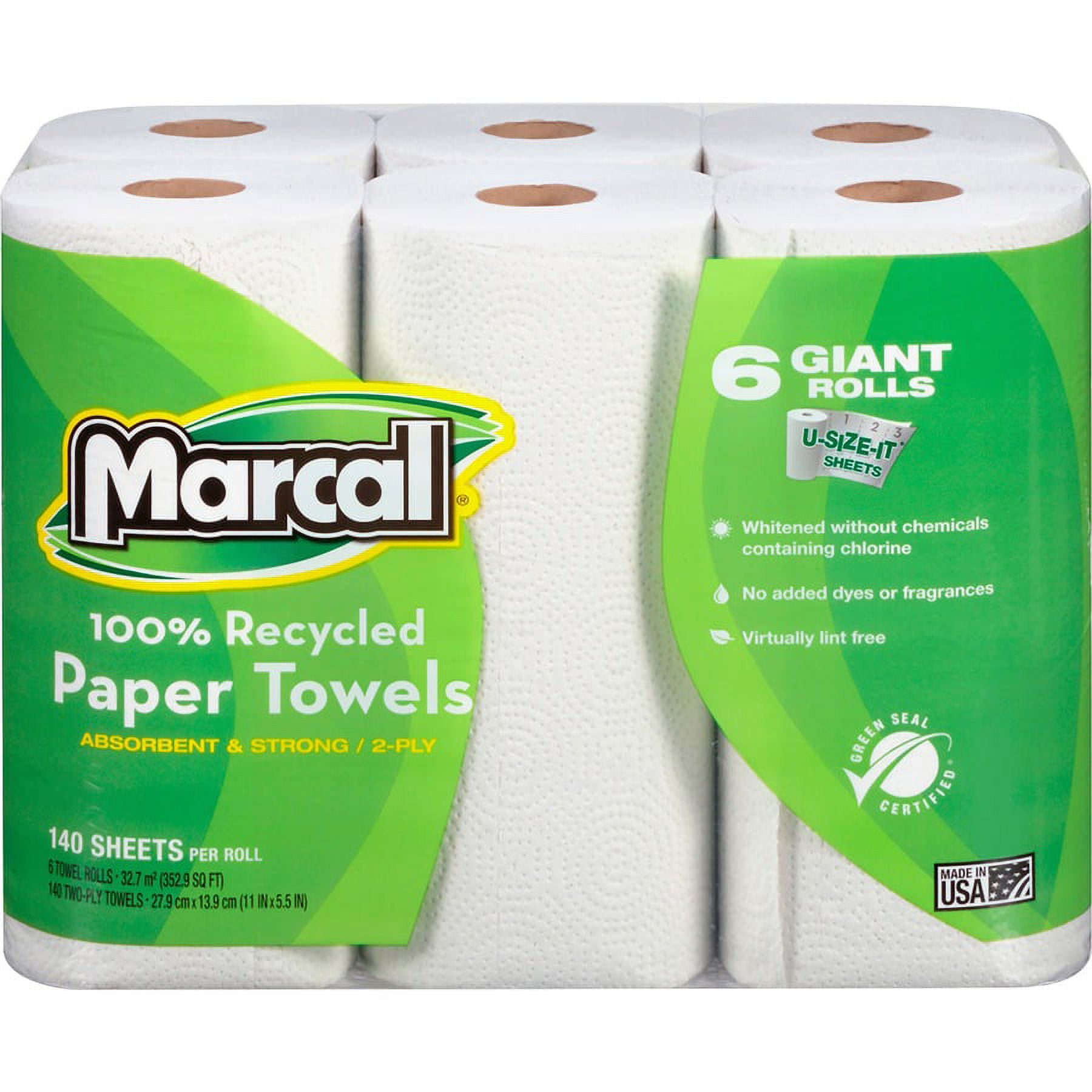 Marcal 100% Recycled Giant Roll Paper Towels - 2 Ply - 140 Sheets/Roll - White - Perforated, Dye-free, Fragrance-free, Strong, Lint-free, Absorbent - 6 Rolls Per Pack - 1 Pack