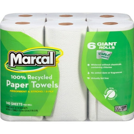 Marcal 100% Recycled Giant Roll Paper Towels - 2 Ply - 140 Sheets/Roll - White - Perforated, Dye-free, Fragrance-free, Strong, Lint-free, Absorbent - | Bundle of 2 Packs