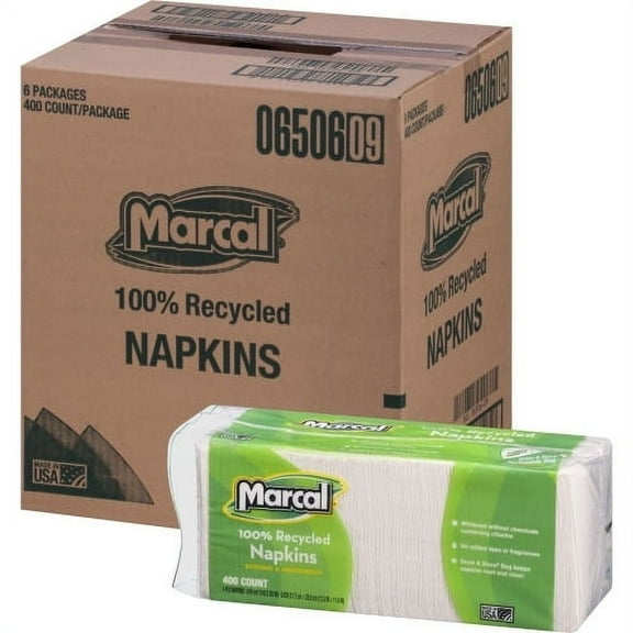 Marcal 100% Recycled Luncheon Napkins 1 Ply - 12.50" x 11.25" - White - Paper - Soft - For Food Service, Office Building, Lunch - 400 Quantity Per Pack - 2400 / Carton