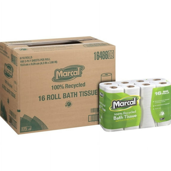 Marcal 100% Recycled, Soft & Absorbent Bathroom Tissue - 2 Ply - 4.20" x 3.60" - 168 Sheets/Roll - White - Fiber - Soft, Lint-free, Septic Safe - For Washroom - 96 / Carton | Bundle of 5 Cartons