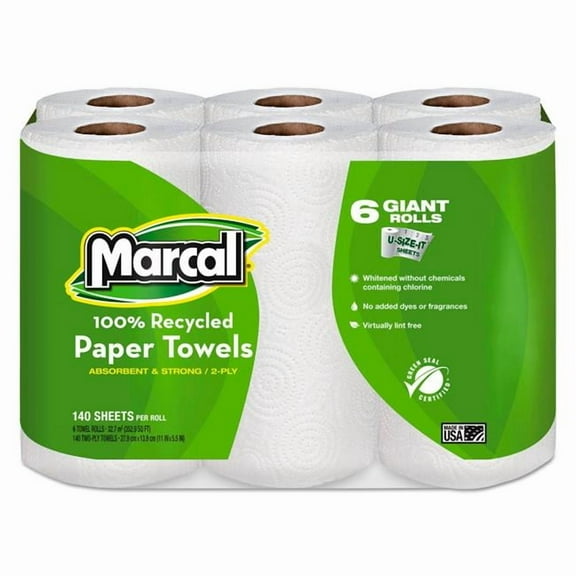 Marcal Manufacturing B1143618 MRC6181CT Small Steps 100 Percent Recycled Towels - 6 Rolls per Pack - White