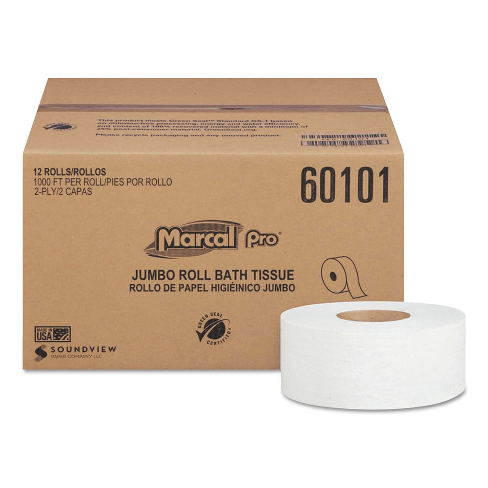 Marcal Pro 100 Recycled Bathroom Tissue, Septic Safe, 2Ply, White, 3.