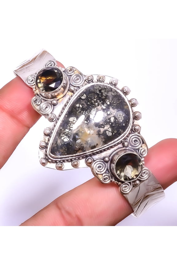 Marcasite - Callahan Mine & Quartz 925 Sterling Silver Bali Cuff Adst. T992, Gemstone Jewelry, Birthday Gift, Christmas Gift