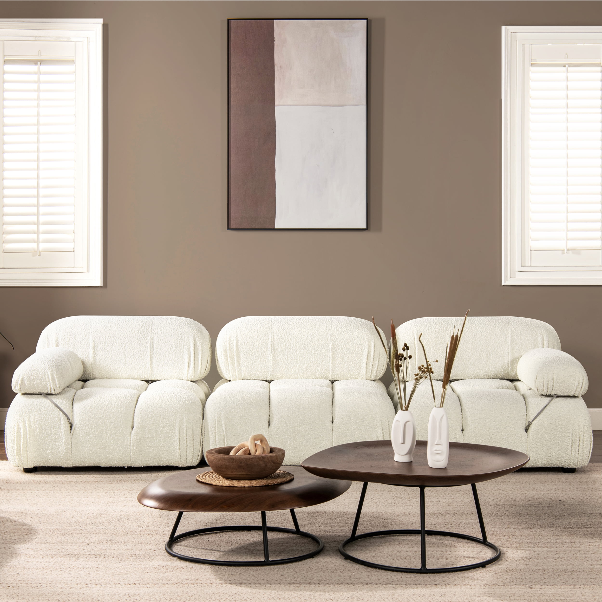Ivory White Bouclé 3-Piece Tufted Lawson Sofa with Wood Frame