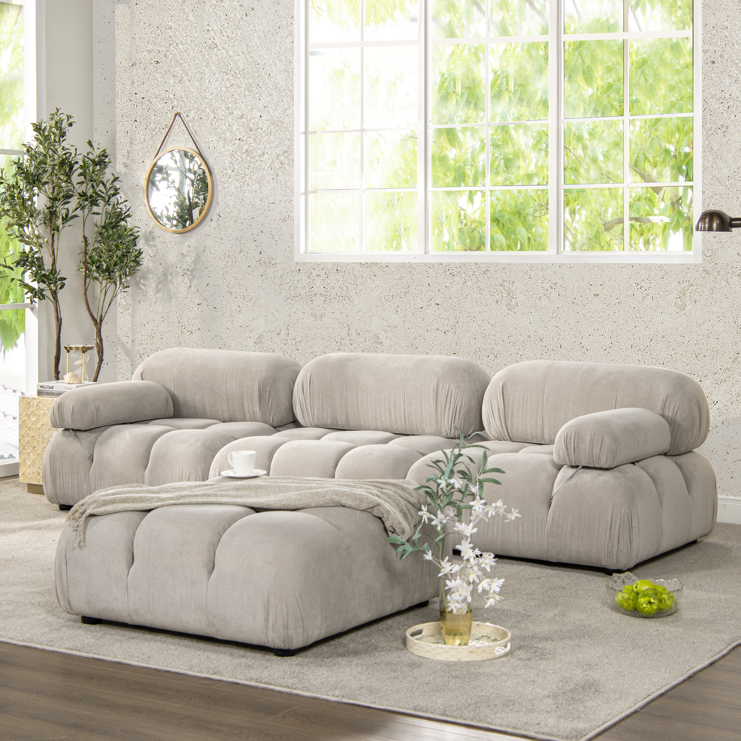 Pebble Gray Tufted Modular 3-Piece Sofa with Round Arms