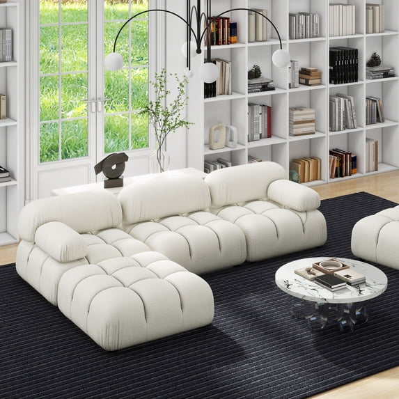 Marcel 109.5" Bubble Modular Modern 4-Piece Reversible Sectional Sofa, Ivory White Boucle
