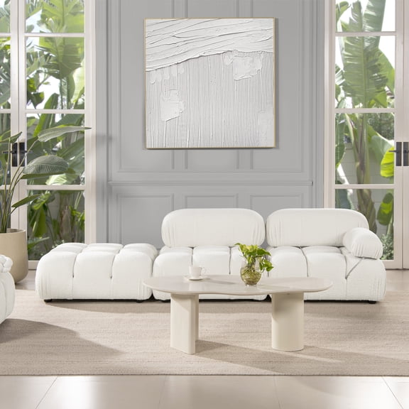 Marcel 109.5" Bubble Modular Modern Chaise Single Arm 3-Piece Sofa, Ivory White Boucle