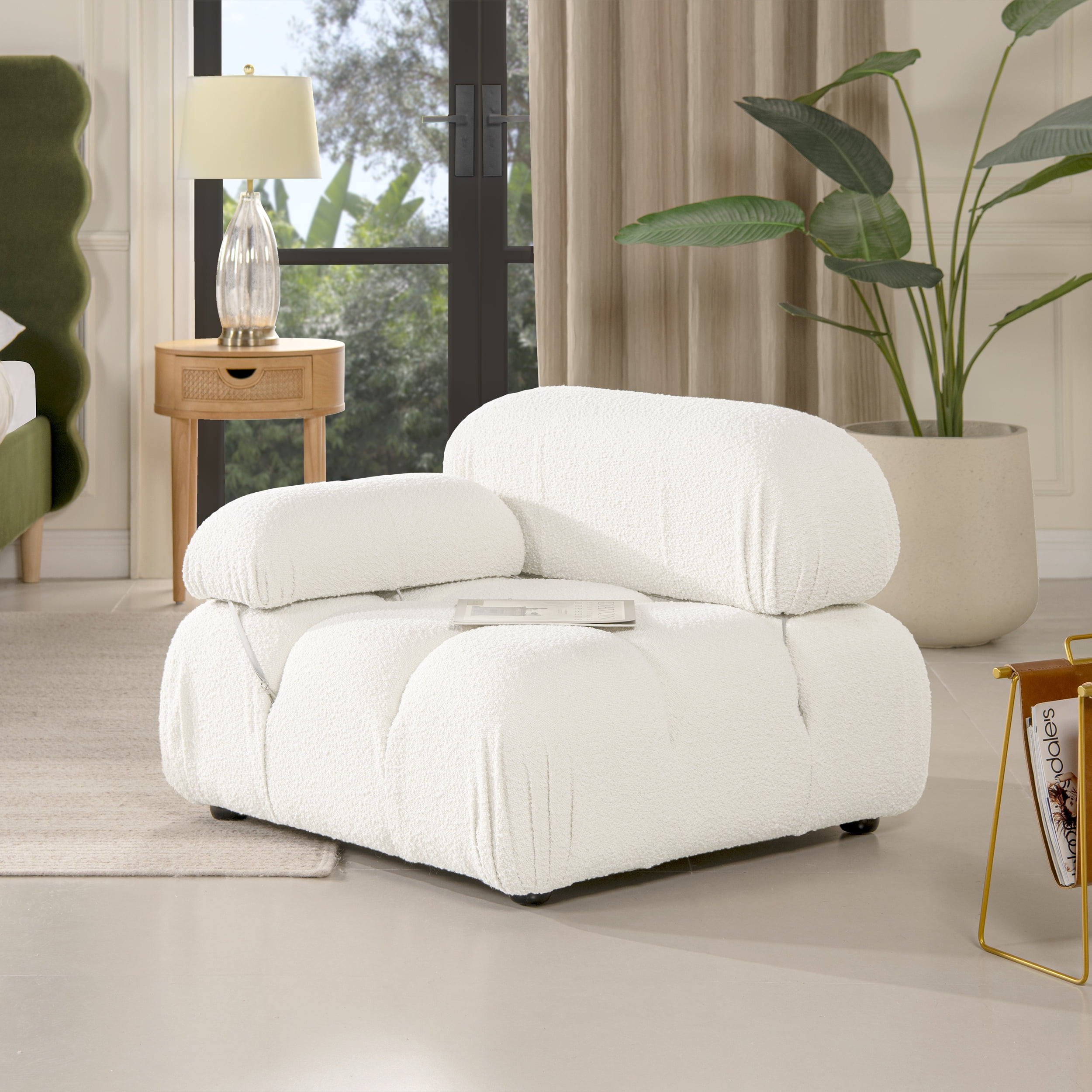 Ivory White Bouclé Modular Lounge Chair with Padded Arm