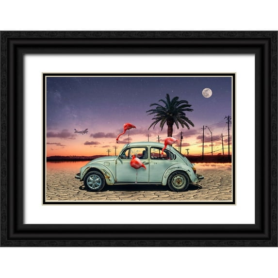 Marcel, Christian 32x23 Black Ornate Wood Framed with Double Matting Museum Art Print Titled - Flamingos Ate My Car