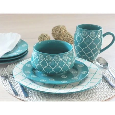 Marcela 16 Piece Stoneware Dinnerware Set, Turquoise Baum