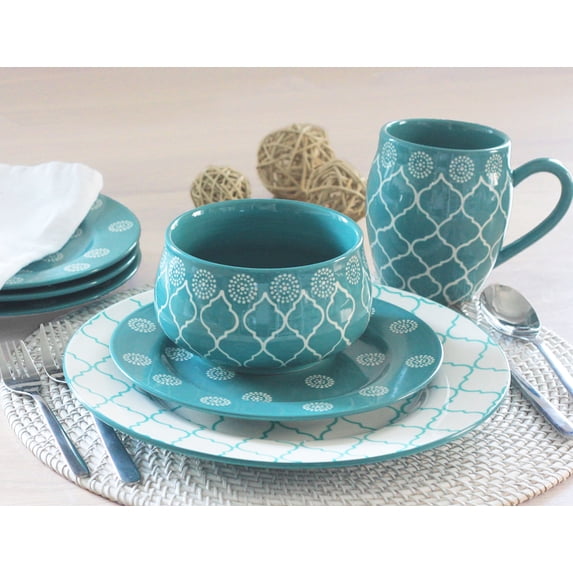 Marcela 16 Piece Stoneware Dinnerware Set, Turquoise Baum