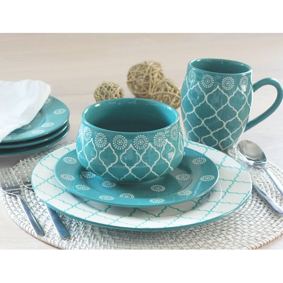 Marcela 16 Piece Stoneware Dinnerware Set, Turquoise Baum