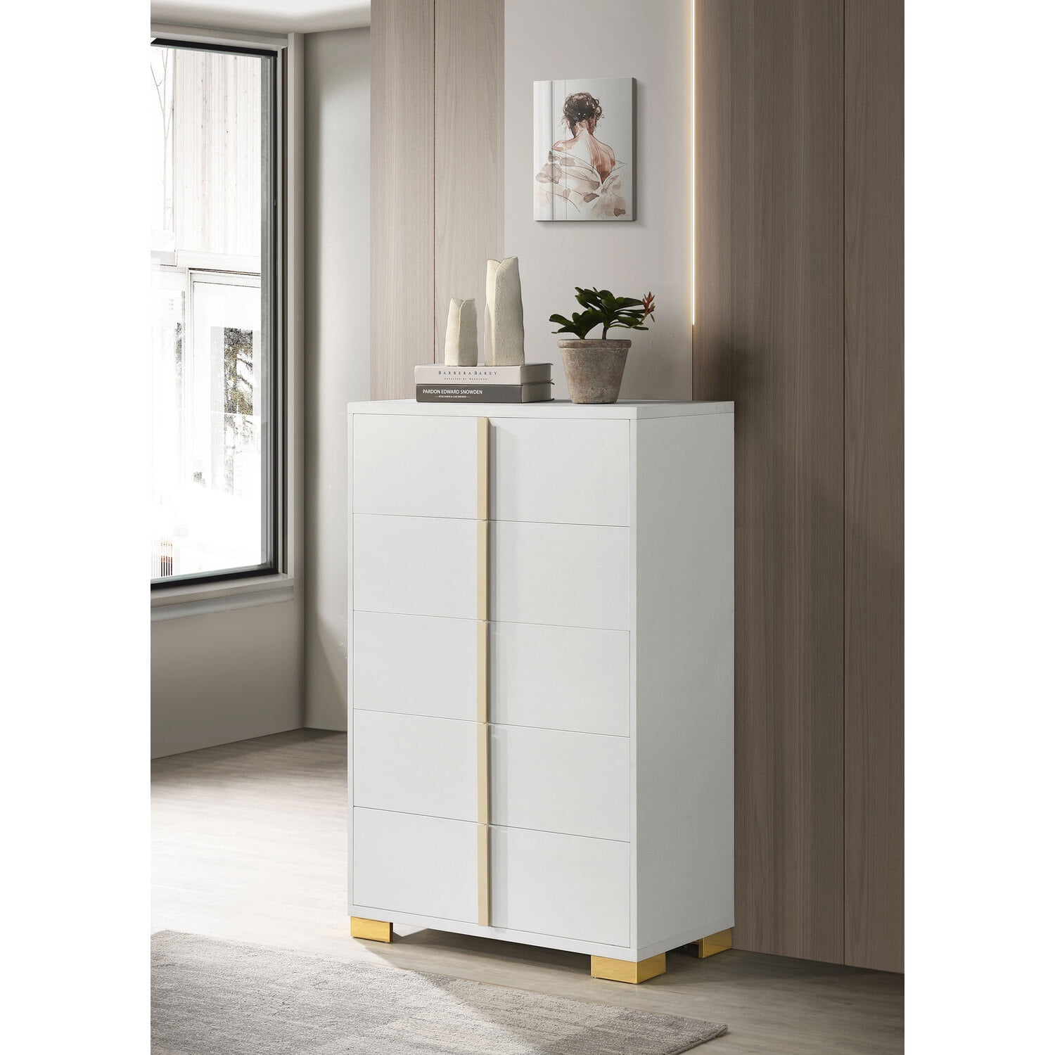 White Vertical Chest with Gold Accents and Dovetail Drawers