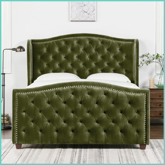 Marcella Queen Size Upholstered Shelter Bed Set - Solid Hardwood Frame, Olive Green Performance Velvet with LED Accent Lighting