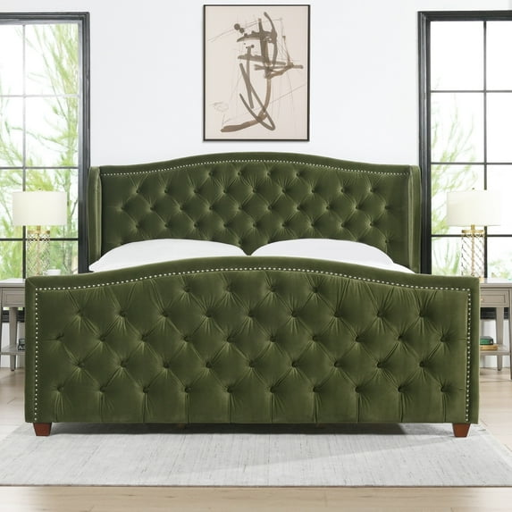 Jennifer Taylor Home Marcella Transitional Button Tufted Wingback Panel Bed Olive Green Performance Velvet King Transitional, Traditional Velvet