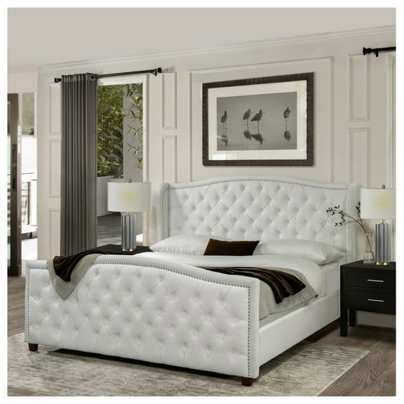 Marcella Upholstered Shelter Headboard Bed Set, King, Bright White Polyester, Box Spring Required