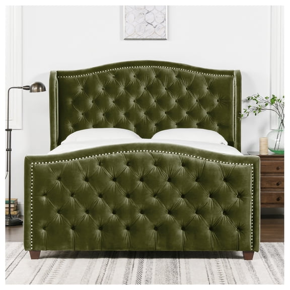 Marcella Upholstered Shelter Headboard Bed Set, Queen, Olive Green Performance Velvet, Box Spring Required